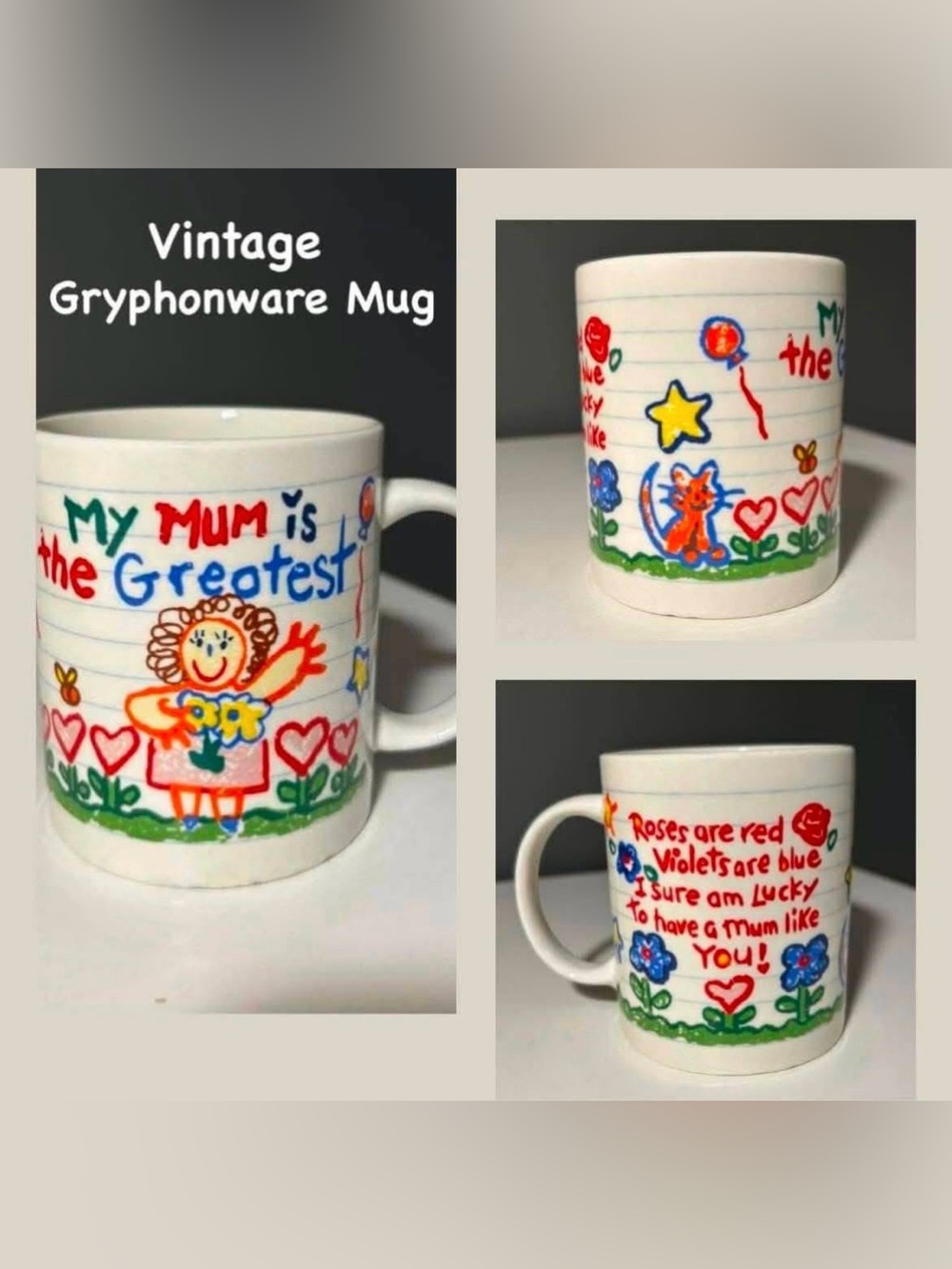 Vintage Gryphonware Hand-Drawn 'Mum Is Greatest' White Ceramic Mug